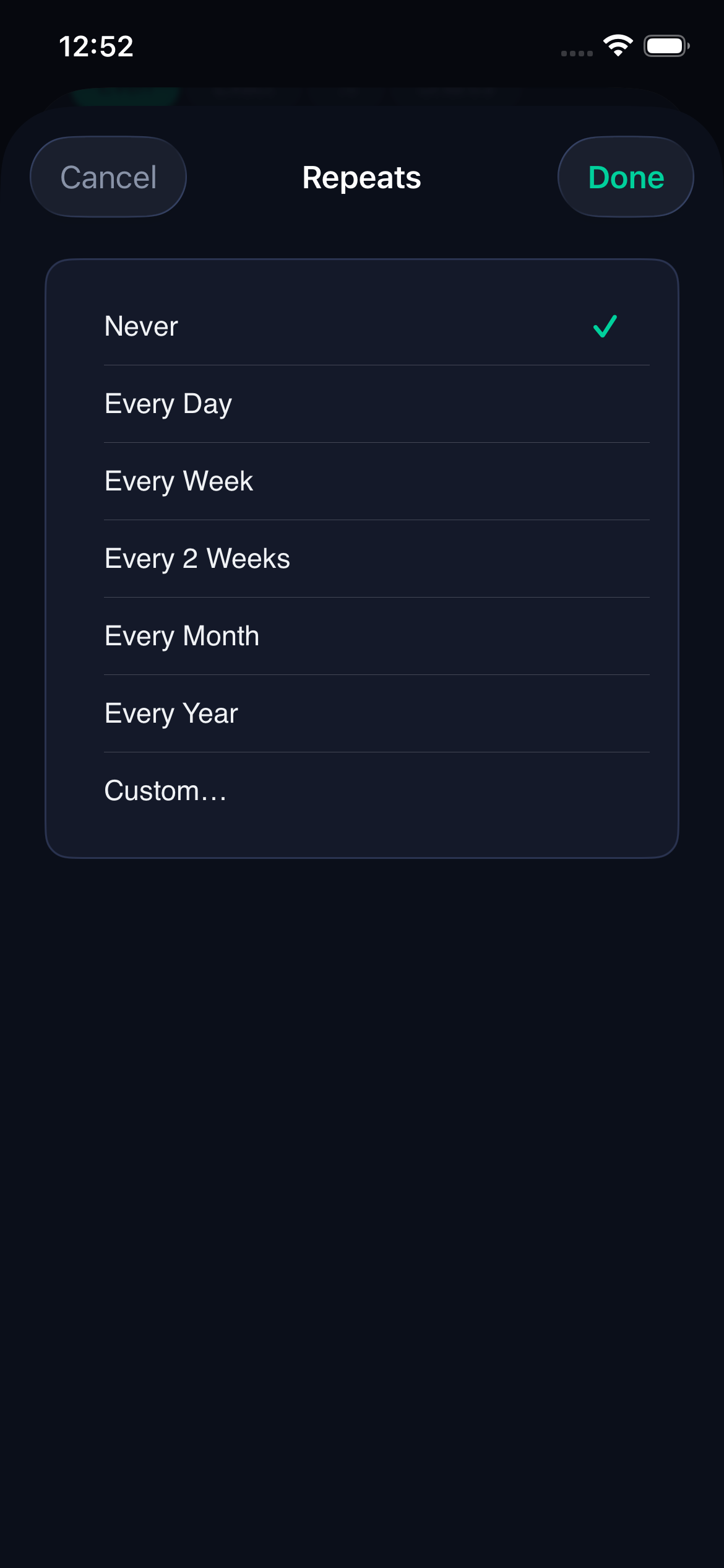 Tab recurring expense preset picker — Never, Every Week, Every Month, Every Year, Custom