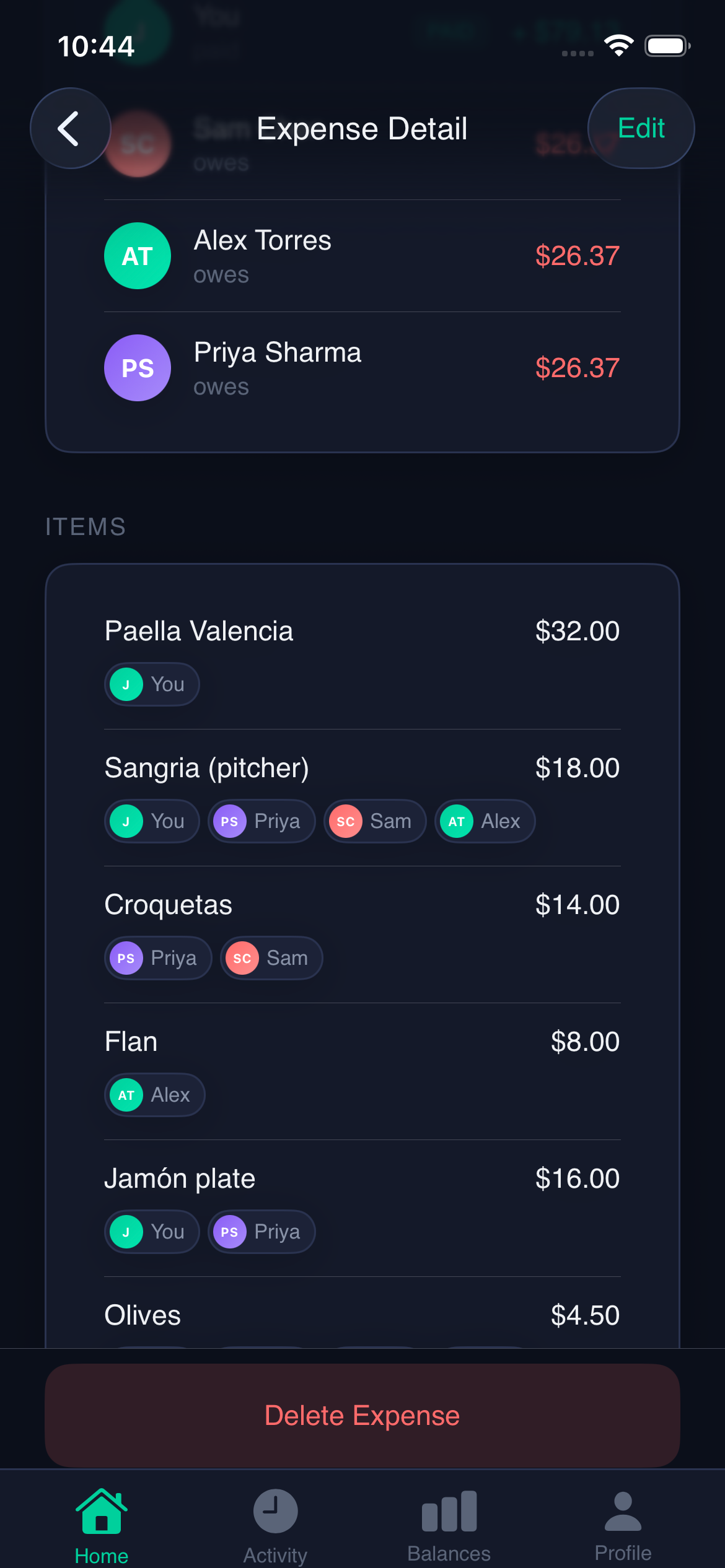 Tab itemized receipt — tap an avatar to assign each item